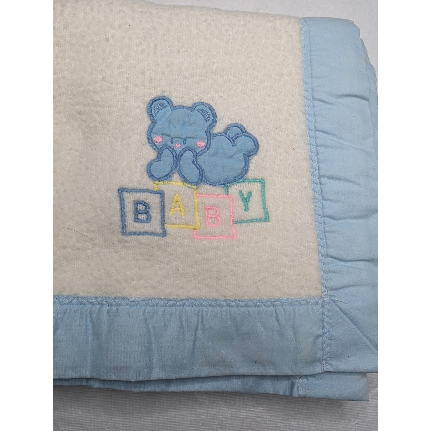 Vintage Cuddle Time Acrylic Baby Blanket Teddy Bear ABC White Blue USA