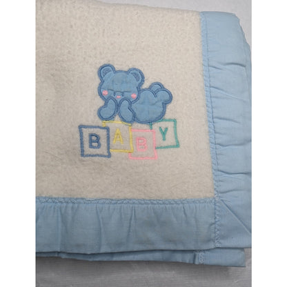 Vintage Cuddle Time Acrylic Baby Blanket Teddy Bear ABC White Blue USA