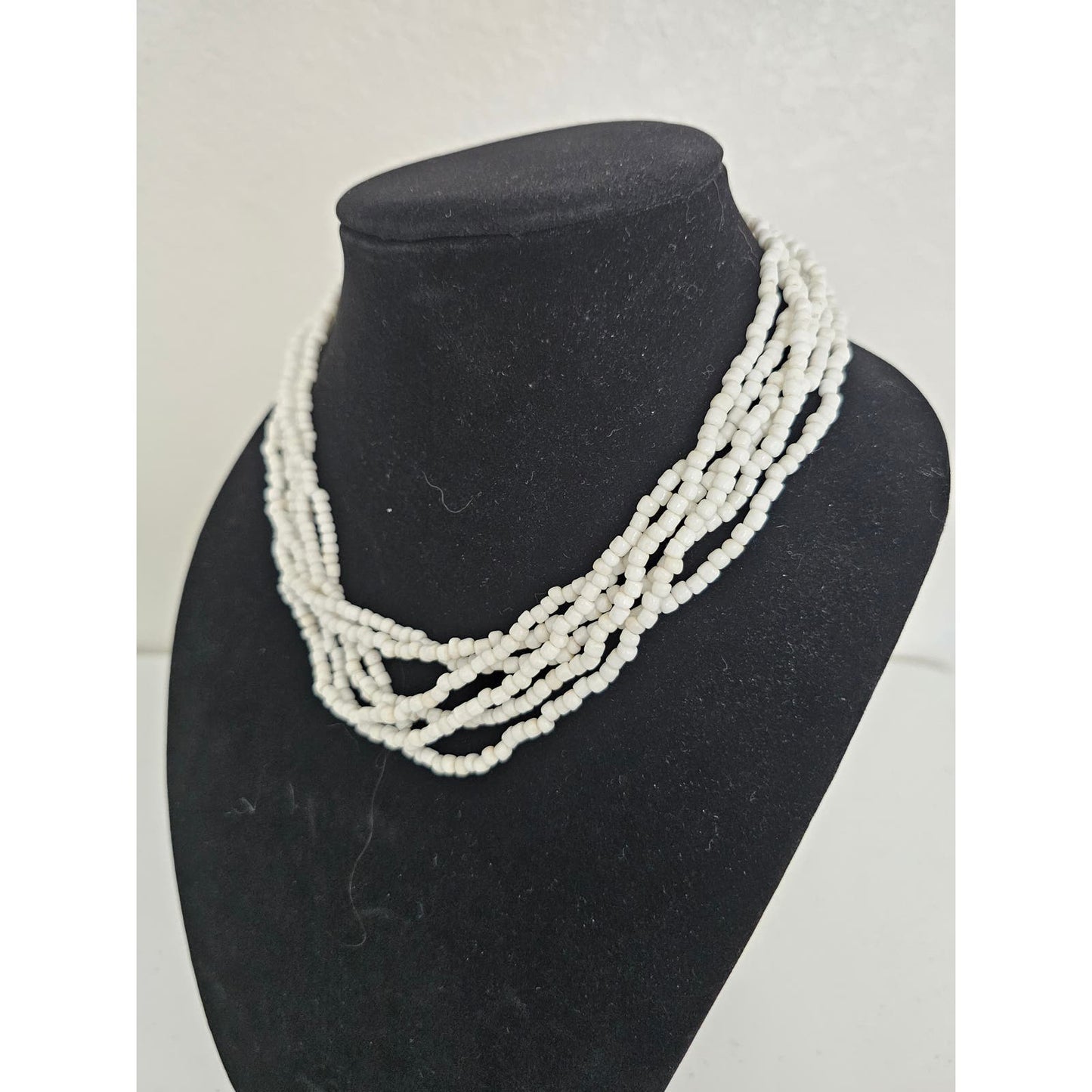 Vintage Multi Strand Seed Bead Statement Necklace Solid White