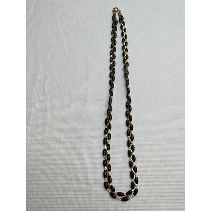 Vintage Dainty Braided Gold Tone Chain Necklace w/ Black Beads