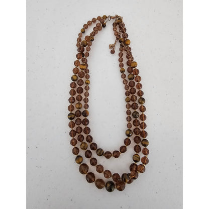 Vintage Mid Century 3 Strand Amber Glass Classic Necklace Tigers Eye Accent