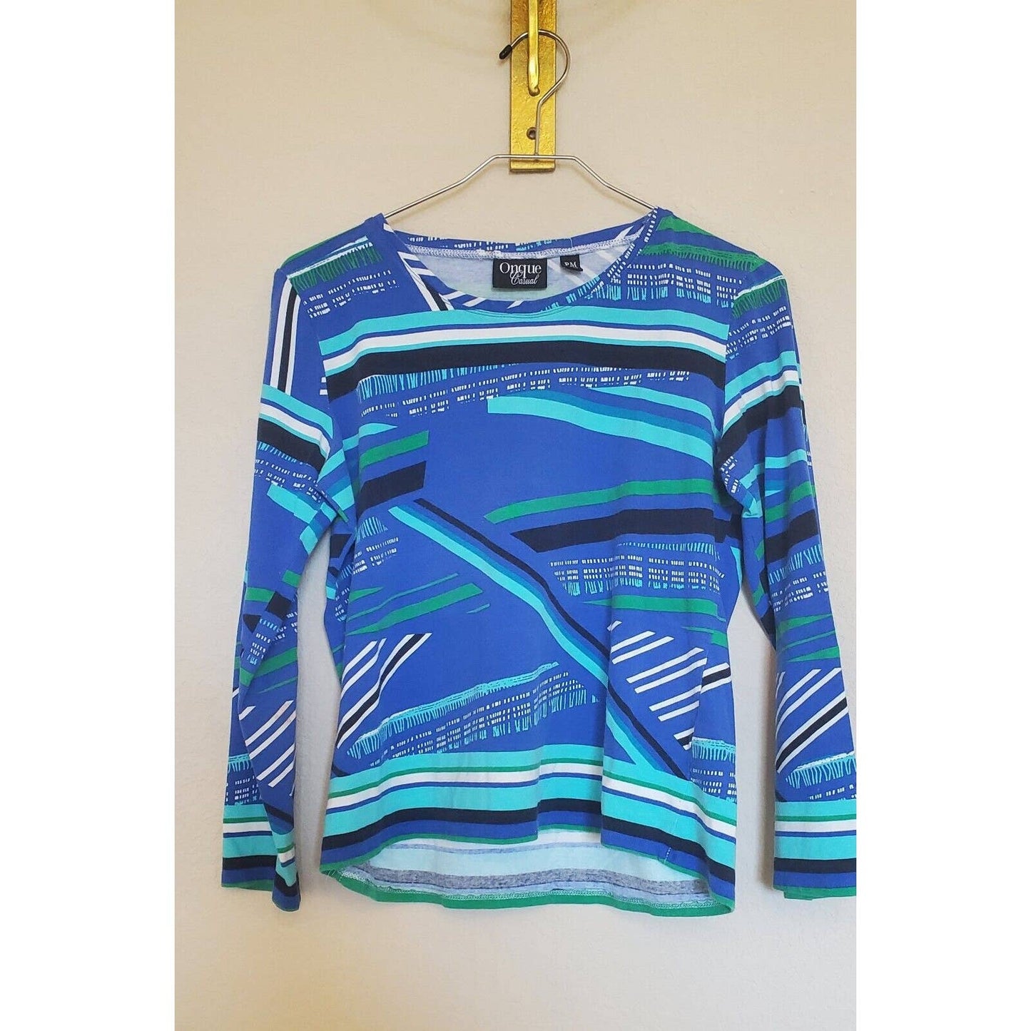 Onque Casuals Womens Petite PM Long Sleeve Abstract Print Shirt Blue Green