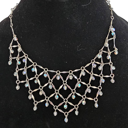 Vintage Y2K Dainty Webbed Bib Style Formal Necklace Silver Tone Rhinestones