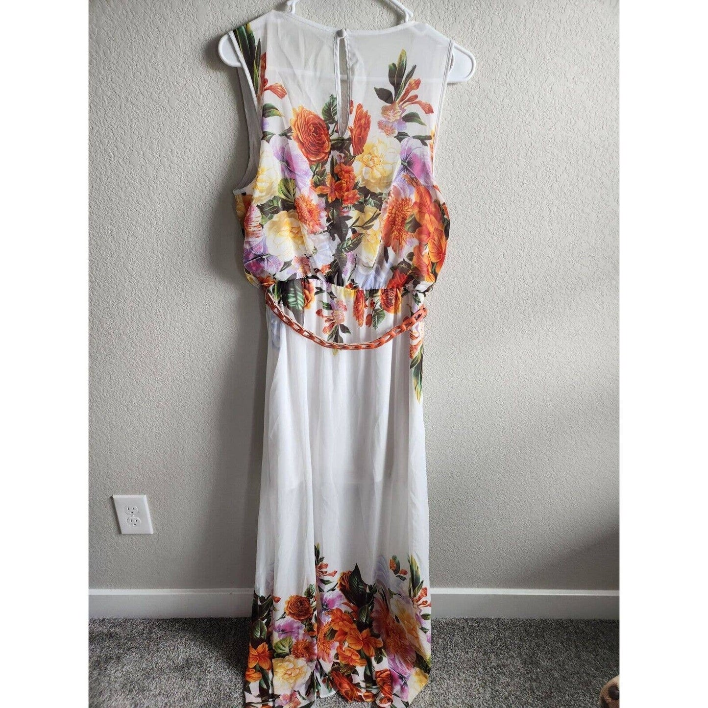 Bisou Bisou Womens Sz 8 Formal Maxi Dress Belted White Orange Floral Sleeveless