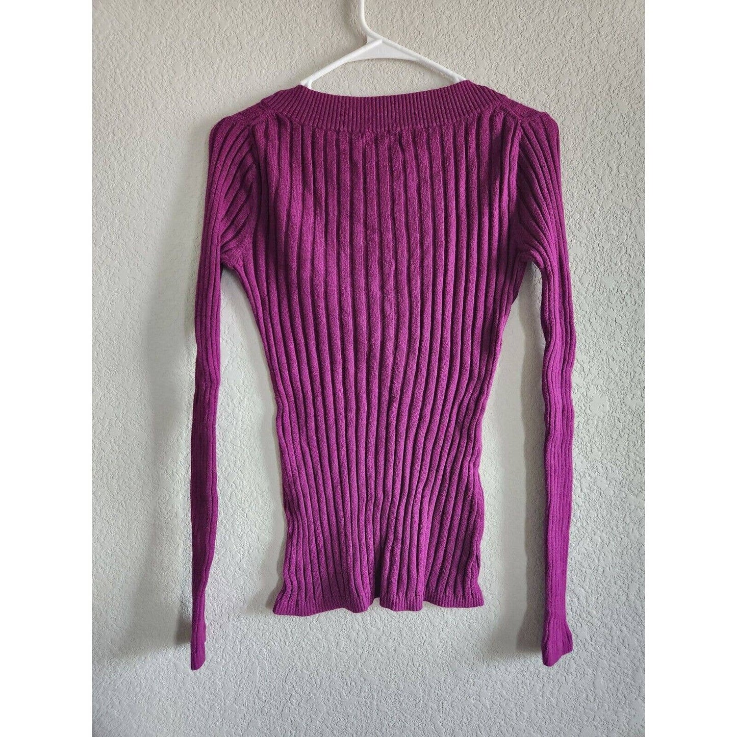 Vintage Y2K Express Womens Sz L V Neck Sweater Ribbed Purple Fitted