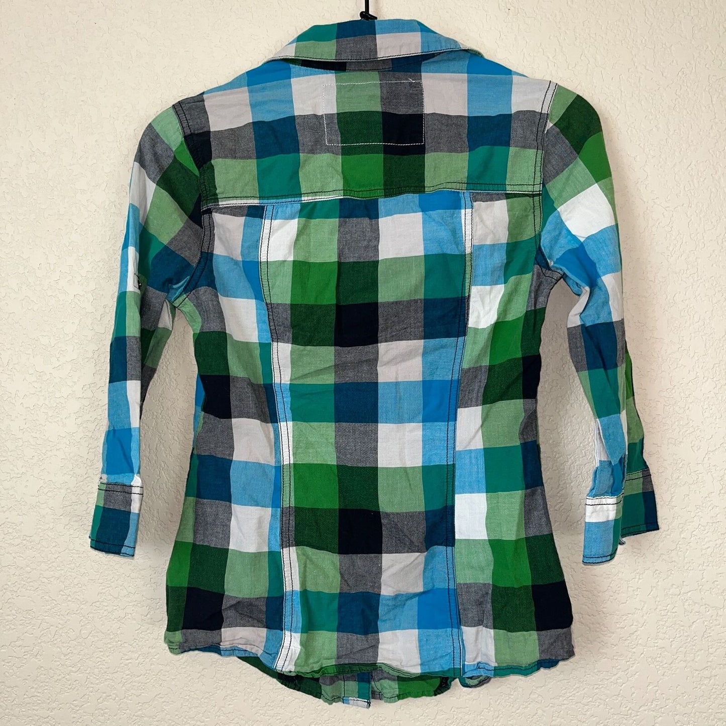 Arizona Jeans Womens Sz S 100% Cotton Button Down Plaid Shirt Blue Green