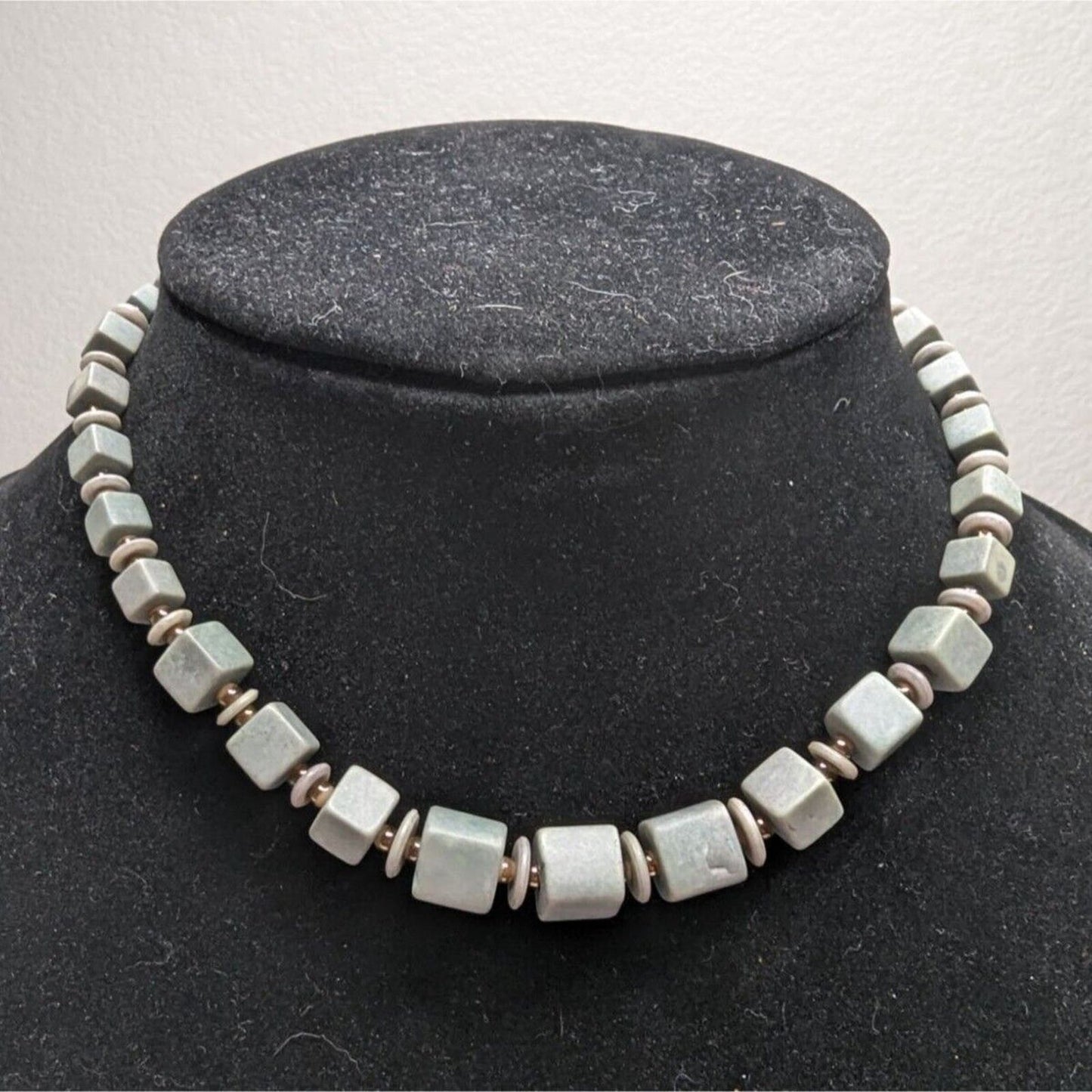 Vintage Soapstone Square Beaded Choker Necklace Light Blue Gray