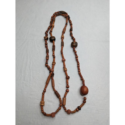 Vintage 1970s Long Single Strand Wooden Beaded Necklace Chunky Various Sized