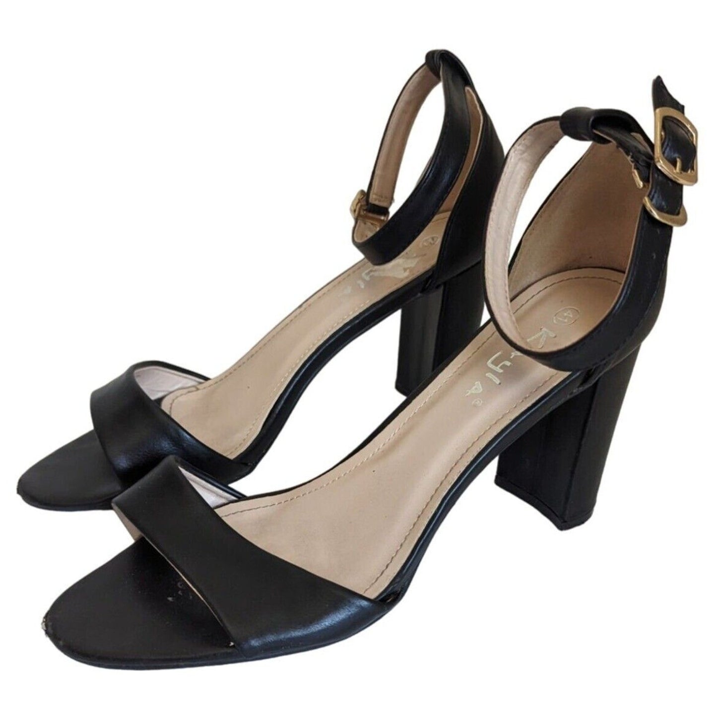 Kayla Womens Sz 41 Black Leather High Heels Block Heel Ankle Strap