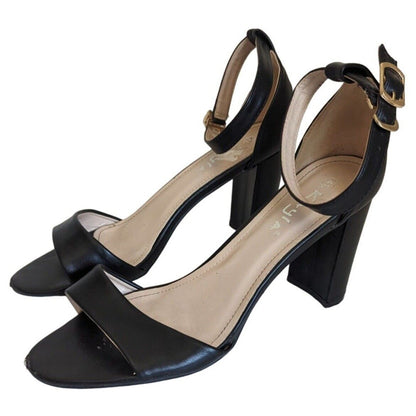 Kayla Womens Sz 41 Black Leather High Heels Block Heel Ankle Strap