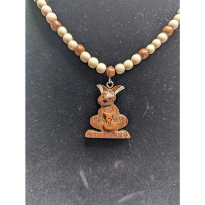 Vintage 1990s Single Strand Wooden Pendant Necklace Kangaroo animal Carved