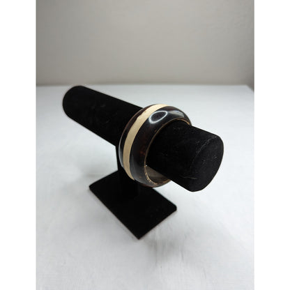 Vintage Mid Century Brass and Wood Bangle Bracelet Brown Ivory