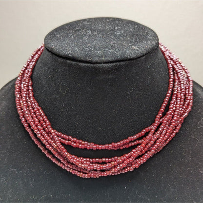 Vintage Womens Multi Strand Seed Bead Necklace Burgundy Red