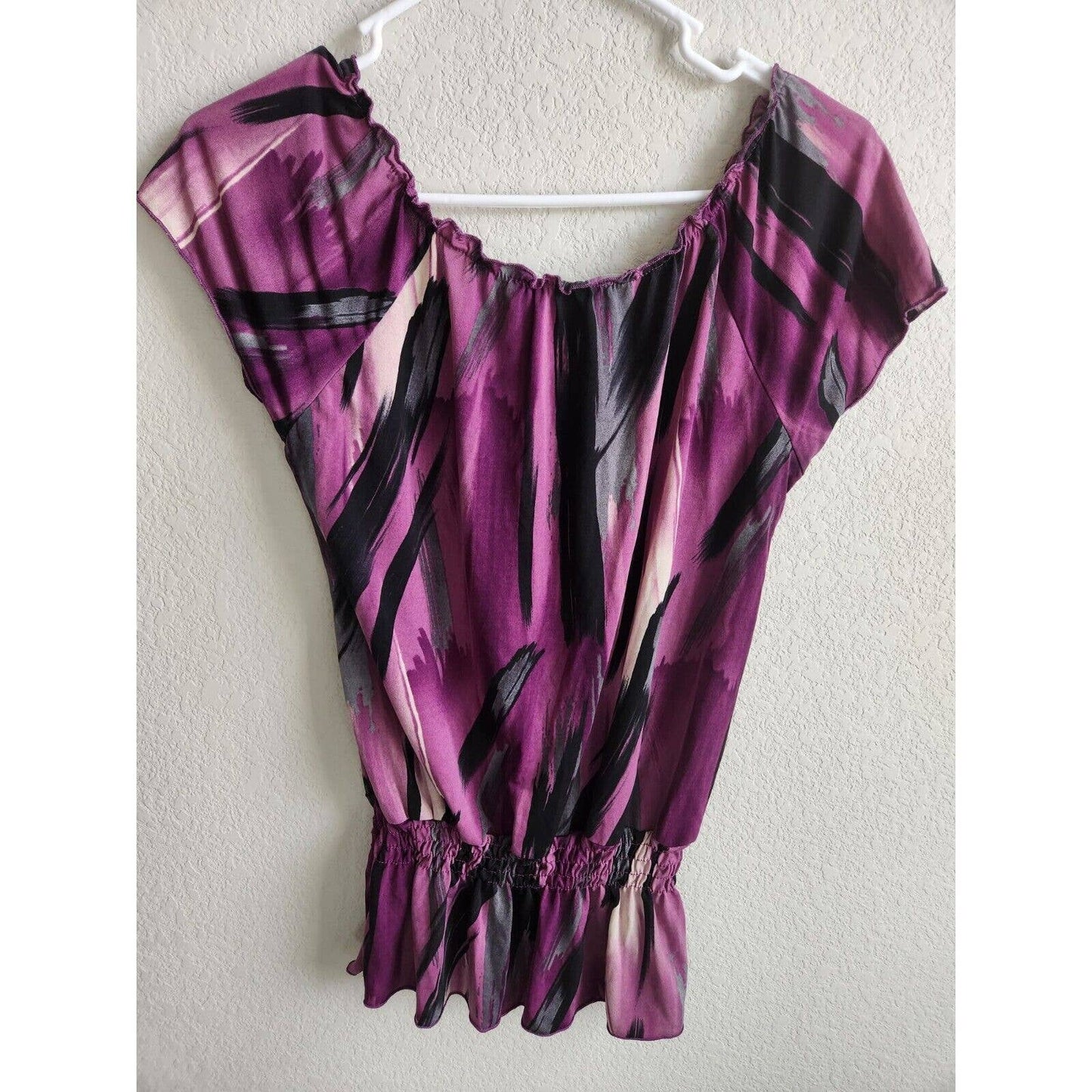 Vintage Claudia Richard Womens Sz M Short Sleeve Wide Neck Blouse Purple