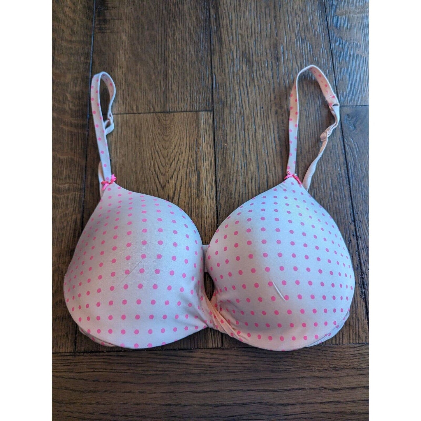 Victorias Secret Womens Sz 34C Plunge Bra Beige Pink Polka Dot Padded