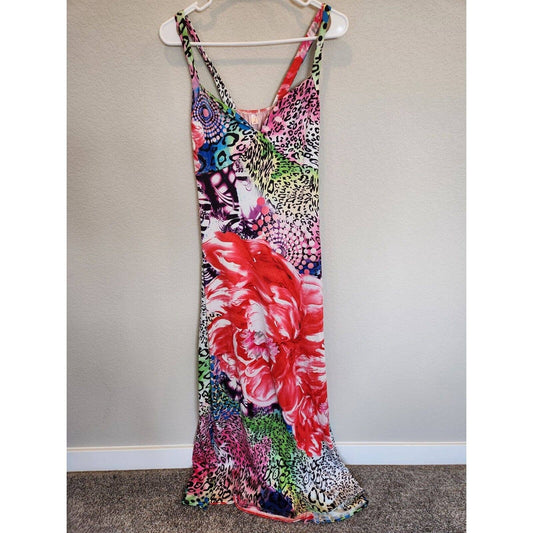 Vintage Xiao Y2K mujeres Sz S Maxi vestido brillante audaz floral sin mangas