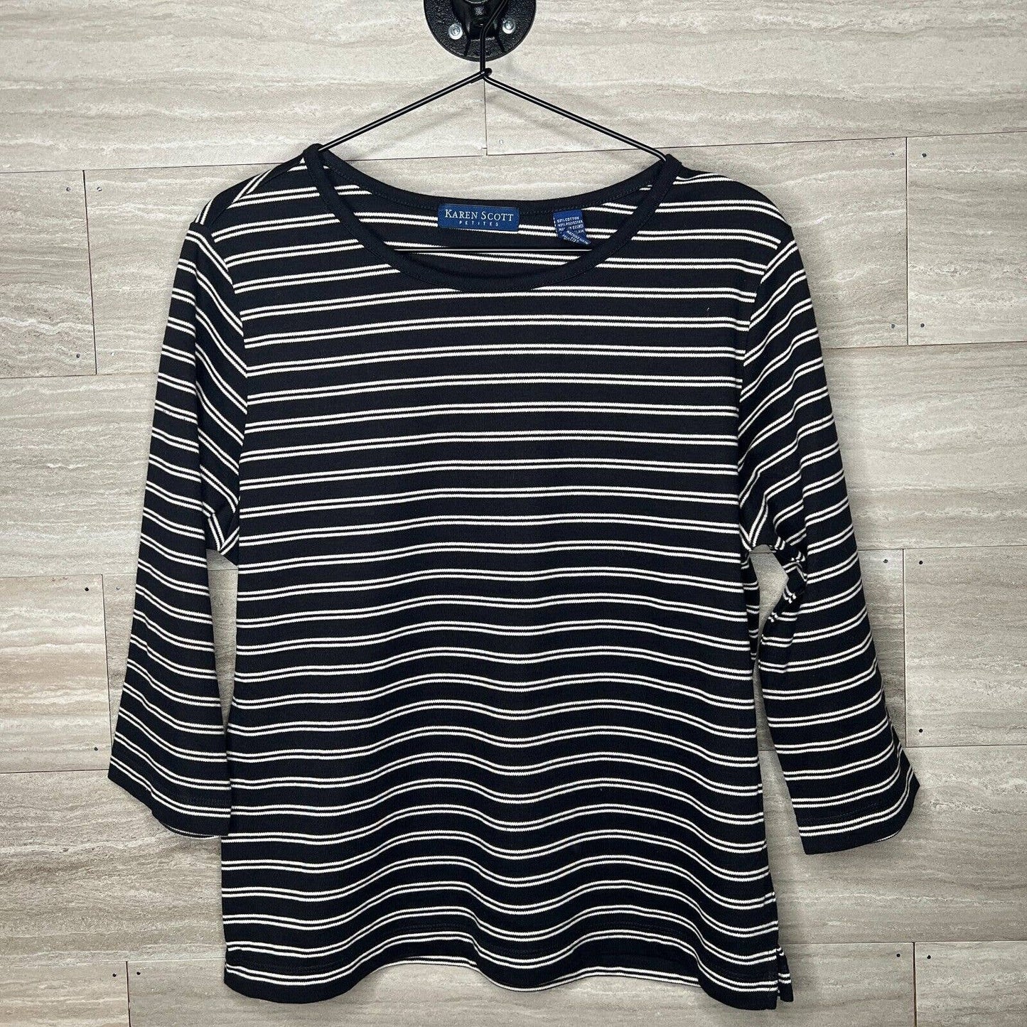 Karen Scott Petites Womens Sz PL Black White Striped Long Sleeve Knit Top