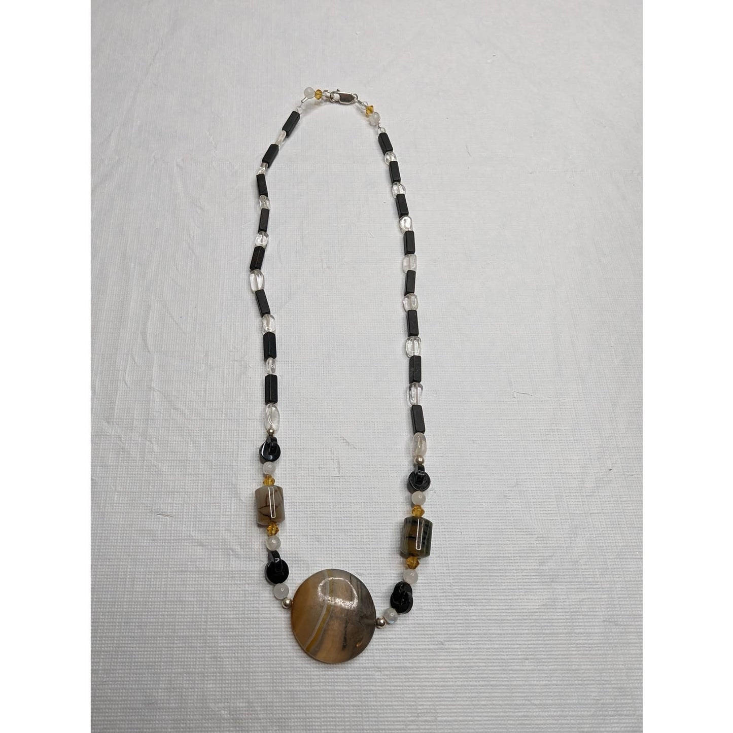 Vintage Glass Beaded Single Strand Necklace w/ Disk Stone Center Black White