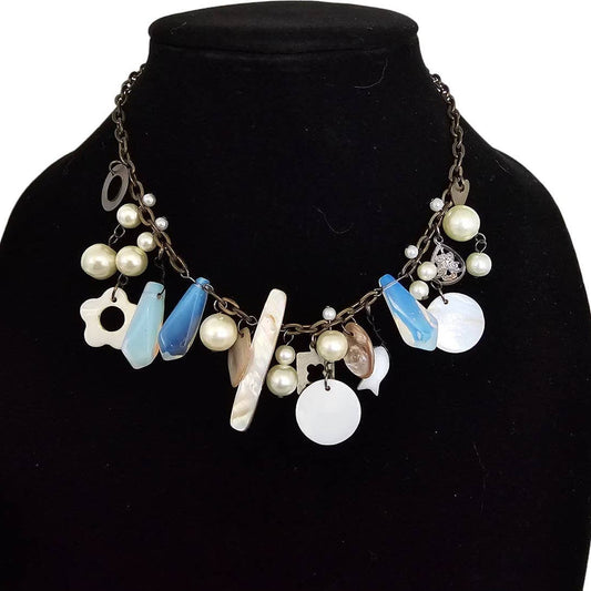 Vintage 1990s Art to ear Chain Necklace Mixed Media Charms Beads Blue White