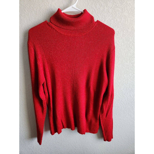 Worthington Womens Sz XL Turtleneck Sweater Red Metallic Weave Ribbed