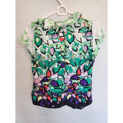 Tahari Womens Sz S Short Sleeve Blouse Silk Floral V Neck Ruffled Neckline