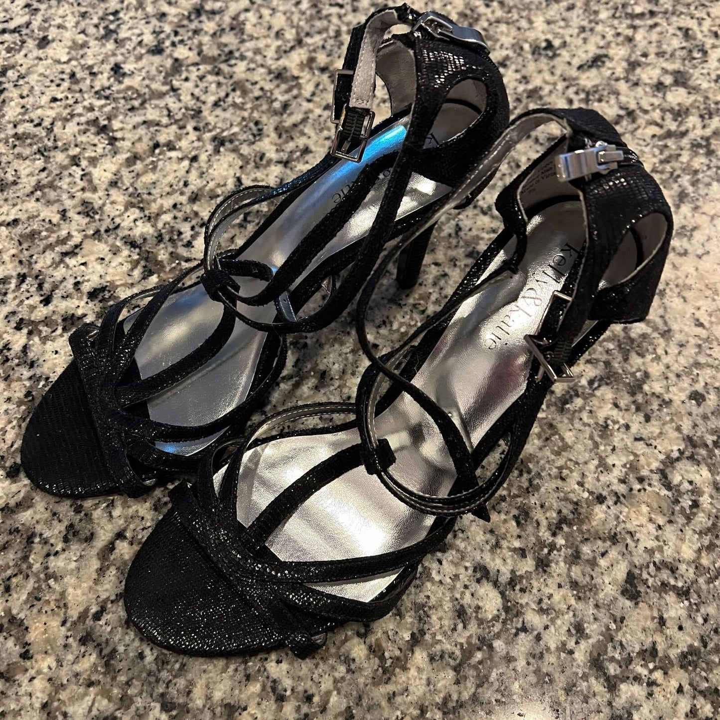Kelly & Katie Womens Sz 9.5 Black Strappy Glitter Sandals High Heels