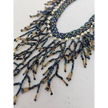 Vintage Seed Bead Fringe Statement Piece Necklace Metallic Beads  Estate