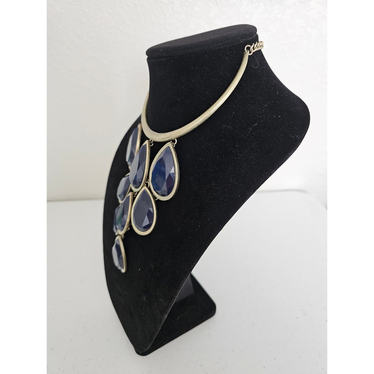 Vintage Blue and Gold Teardrop Stone Statement Necklace Collar Style Estate