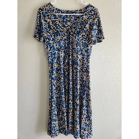 Chaps Womens Sz M Short Sleeve Midi Dress Blue Black Tan Dots