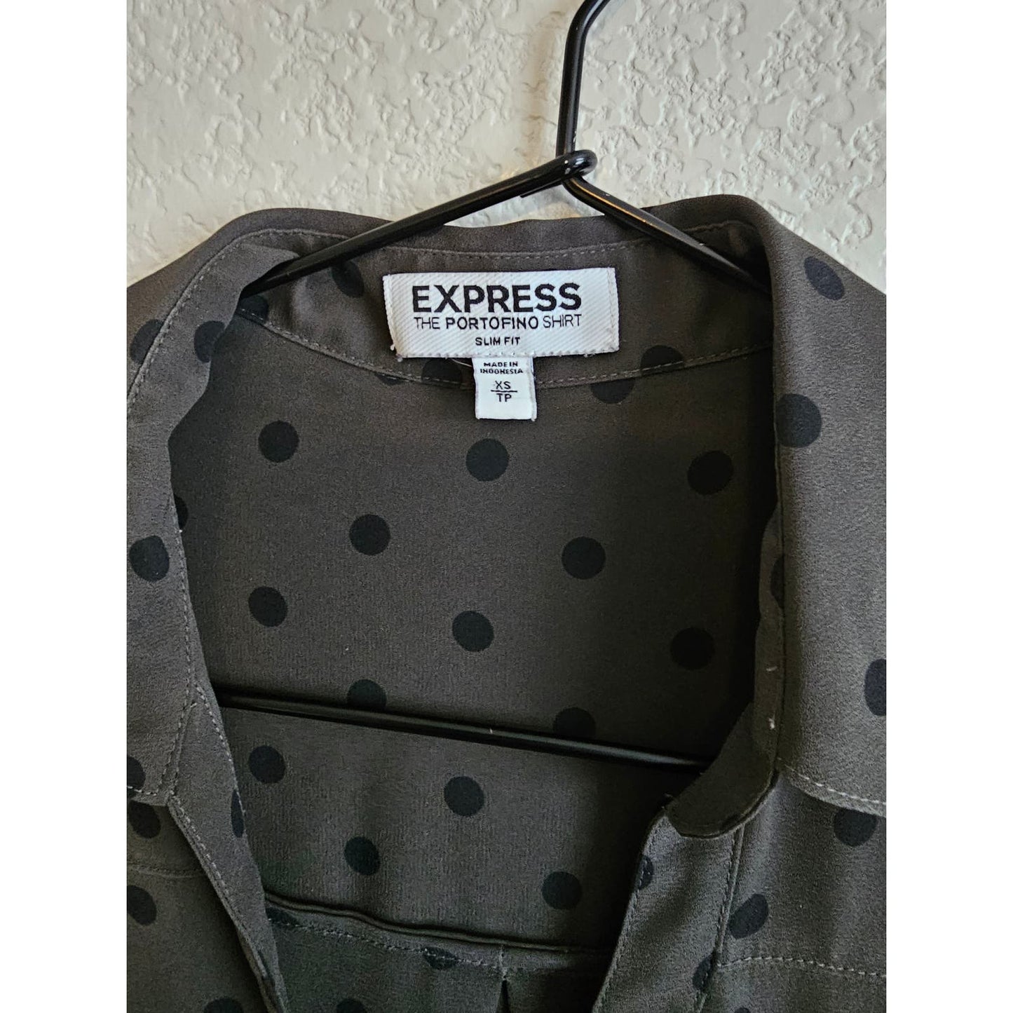 Express Womens Sz XS Long Sleeve Portofino Dress Shirt Olive Black Polka Dot