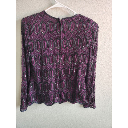 Vintage Stenay Womens Sz M Silk Long Sleeve Fully Beaded Blouse Purple Silver