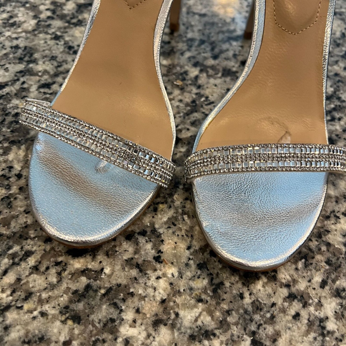 Aldo Womens Sz 9 Silver Stiletto Heels Rhinestones Ankle Strap