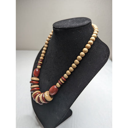 Vintage Mid Century Single Strand Wooden Bead Necklace Cream and Red