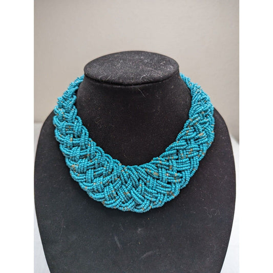 Vintage Multi Strand Braided Seed Bead Collar Statement Necklace Blue