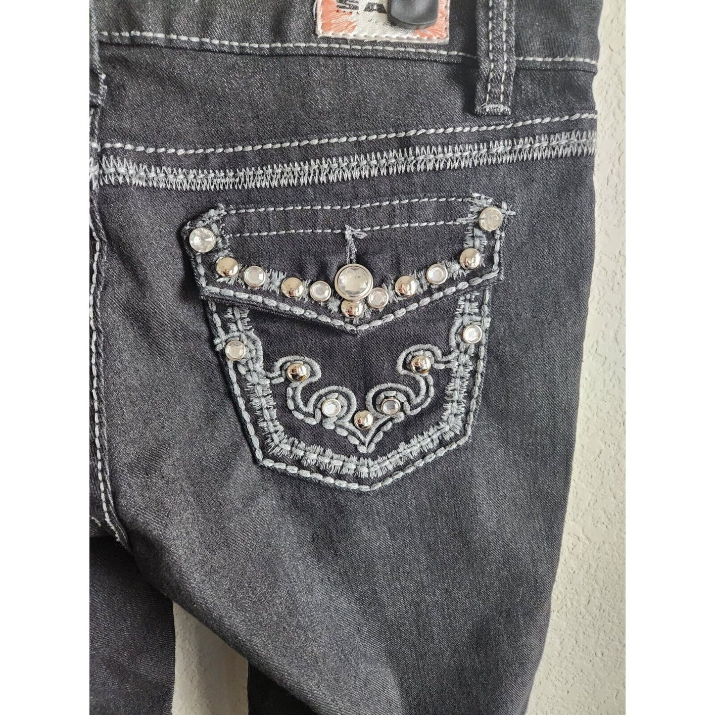 Saza Jean Co Juniors Sz 9 Skinny Jeans Gray Wash Flap Studded Pockets