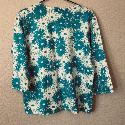 Susan Bristol Womens Sz L 3/4 Sleeve T Shirt Blouse Daisy Print Blue