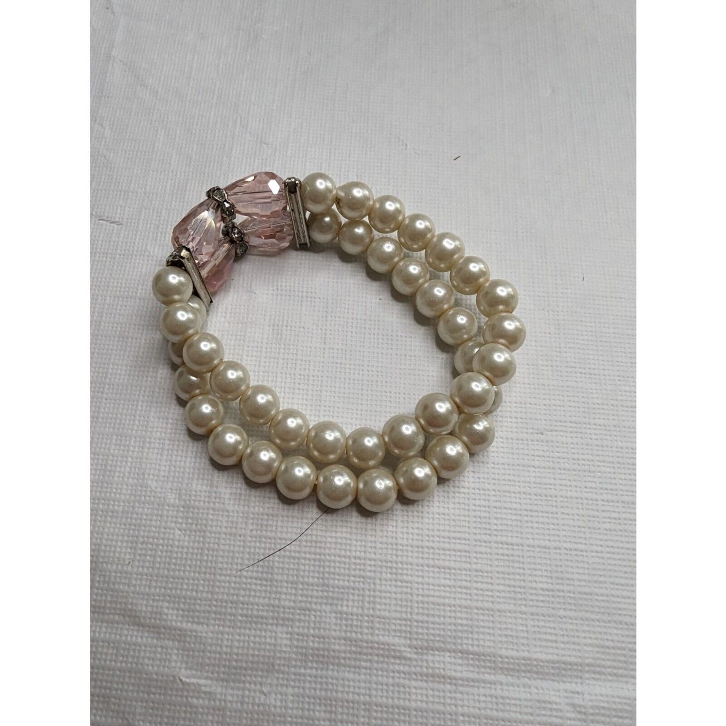 Vintage 1990s 2 Strand Beaded Bracelet Faux Pearl and Pink Stones