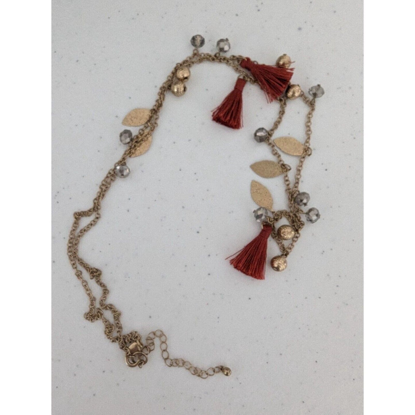 Womens Gold and Red Tassel Necklace w/ Leaf Charms and Beads Boho