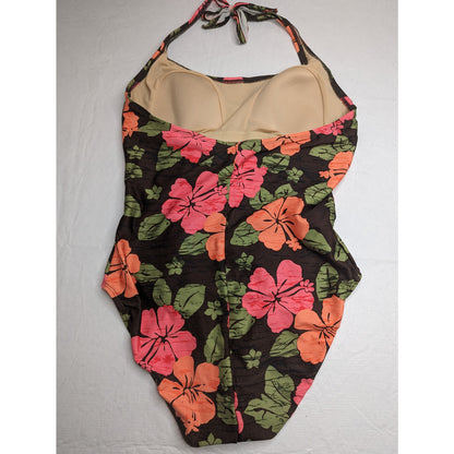 Catalina Anna Fit Womens Sz L One Piece Swimsuit Halter Pink Green Brown Floral