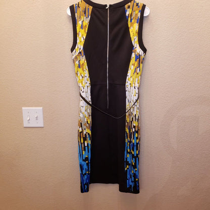 Maggy London Womens Sz 10 Knee Length Belted Career Dress Yellow Blue White