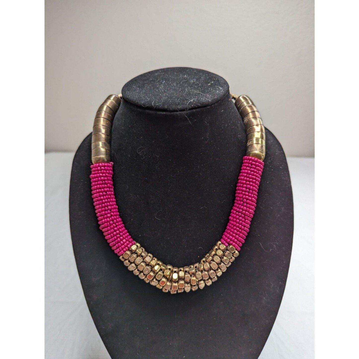 Vintage 1970s Statement Necklace Bright Pink and Gold Beaded