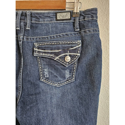 Earl Jeans Mujer Sz 12 Lavado Oscuro Longitud Capri Jeans Azul Puntada Gruesa