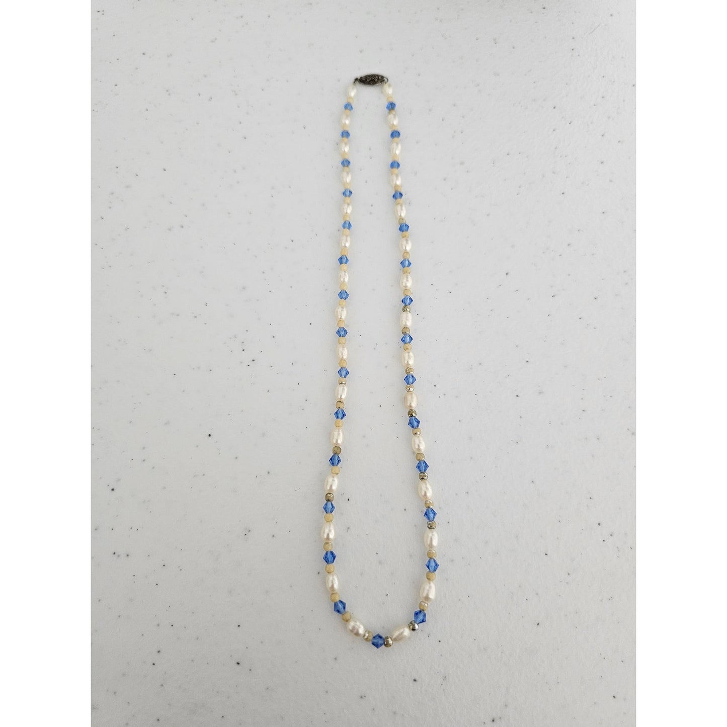 Vintage Y2K Single Strand Necklace Freshwater Pearl and Blue Rhinestones