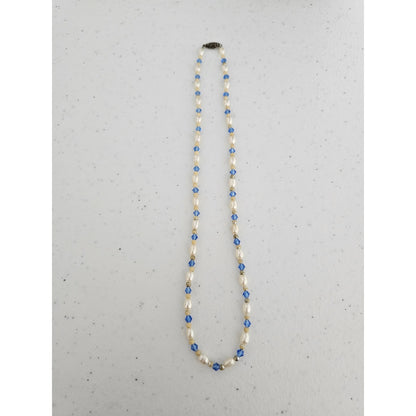 Vintage Y2K Single Strand Necklace Freshwater Pearl and Blue Rhinestones