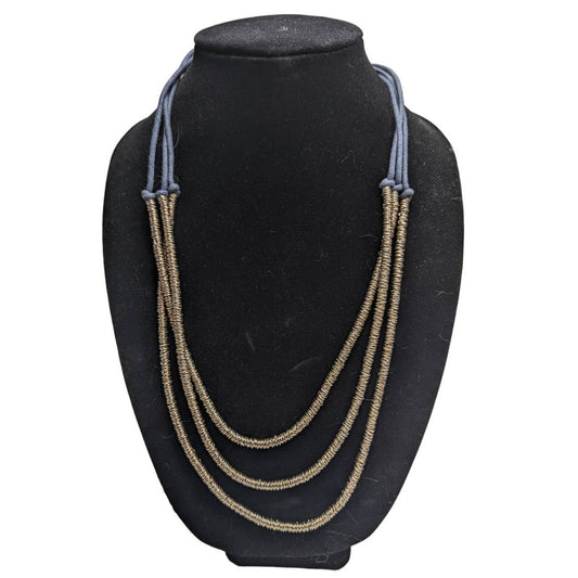 Vintage 1990s Womens 3 Strand Statement Necklace Gold Rope Wrapped Blue Knotted