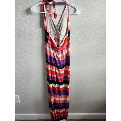 Felicity & Coco Womens Sz M Maxi Halter Dress Pink Purple Black Striped