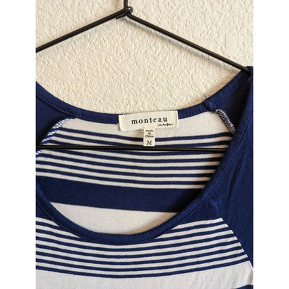 Monteau Womens Sz M Short Sleeve Maxi Dress Blue White Striped Jersey Knit