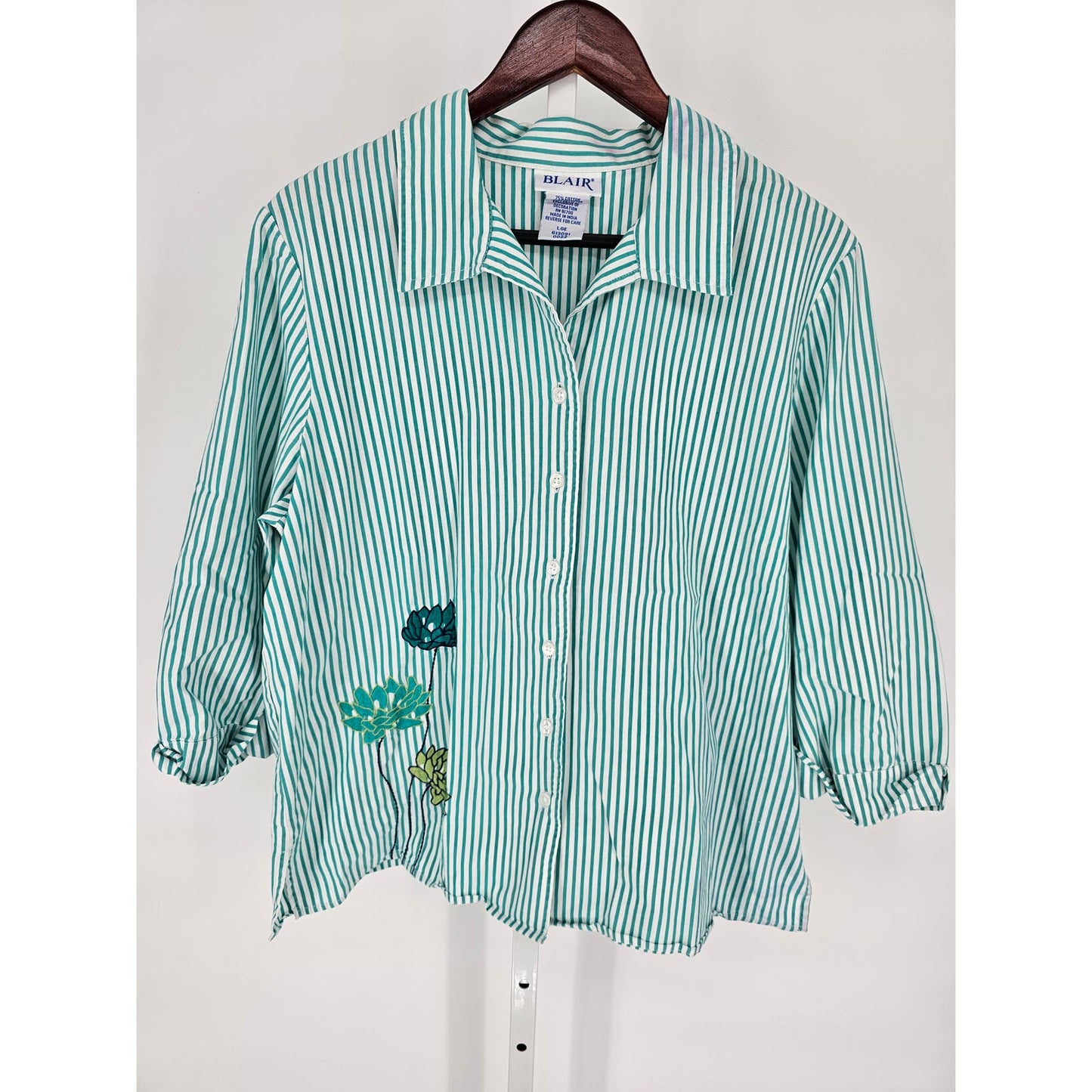 Vintage 1990s Blair Womens Sz L Long Sleeve Button Up Top Mint Green Striped