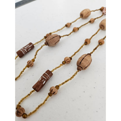 Vintage 1970s Single Strand Long Wooden Beaded Necklace Brown Boho