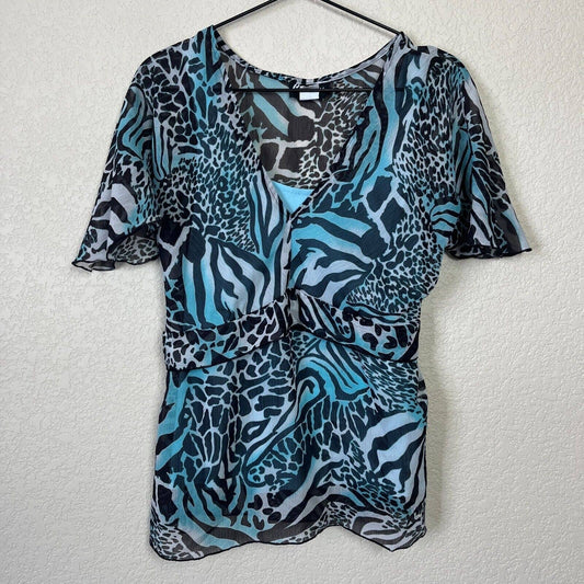 Vintage Caribou New York Womens Sz M Blue Black Animal Print Blouse 1990s